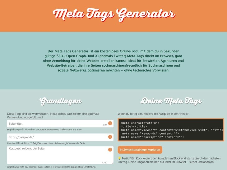 Erstelle Meta-Tags einfach online mit dem Meta Generator